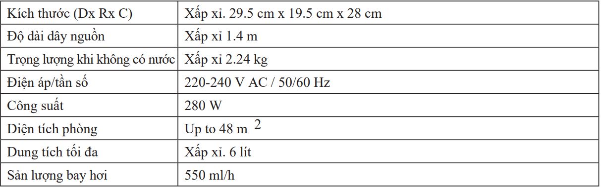 thông số kỹ thuật máy tạo ẩm beurer lr330